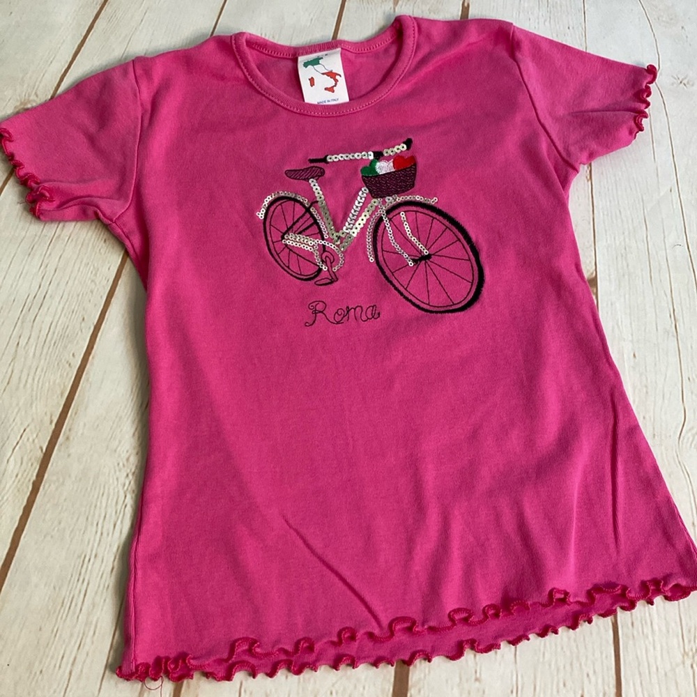 Magenta Pink Embroidery & Sequin Bicycle / Bike & Hearts Made in Italy Roma Tee